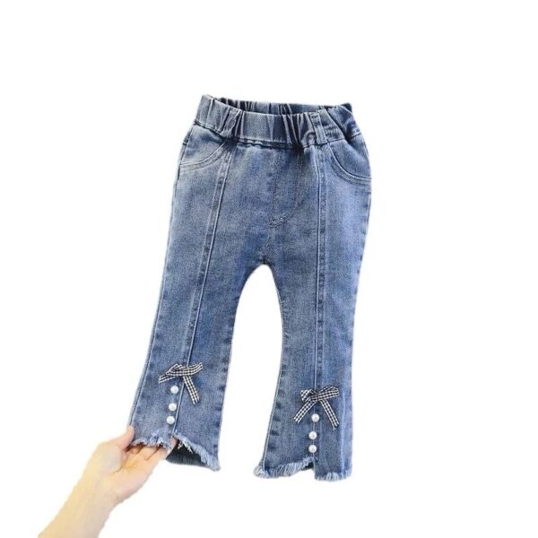 Girls Check Bow Denim Jeans Trouser