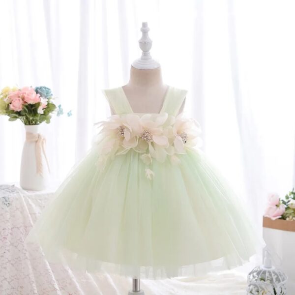 Lemon Green Floral Girls Party Dress - Image 2